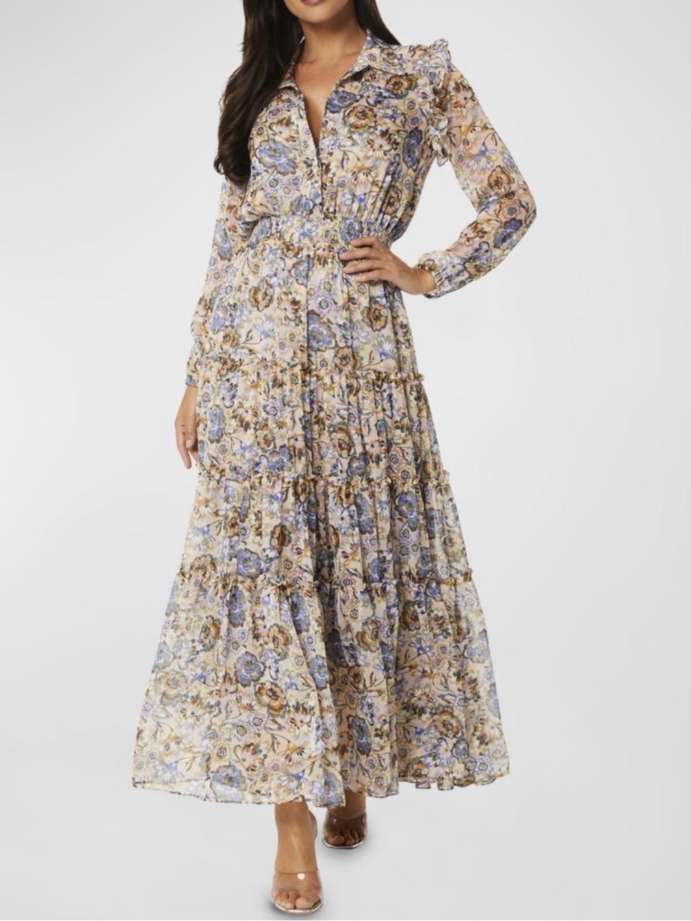 Misa Los Angeles Cream and Blue Floral Ruffled Tiered Maxi Dress - Picture 4 of 5